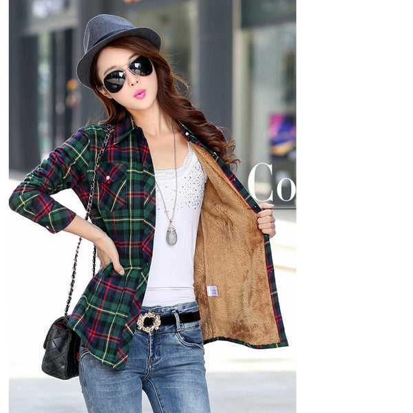 2016 Velvet Thick Warm Women's Plaid Shirt Female Long Sleeve Tops Plus Size Winter Check Blouse Blouses & Shirts Chemise Femme