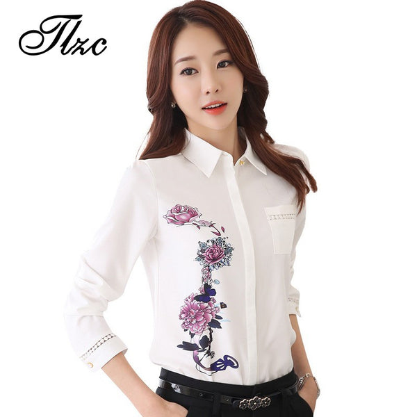 TLZC Vintage 2017 Office Lady Shirts Flower Pattern Fashion Women Blouse Size S-3XL Turn Down Collar Sweet Lady White Shirts